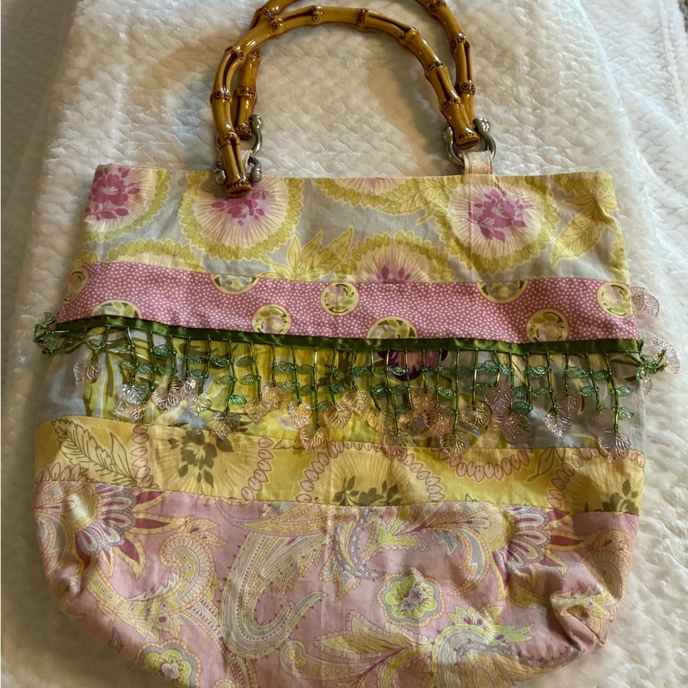 Beaded Floral Patchwork Bucket Bag Bamboo Handles Pastel Cottagecore Feminine